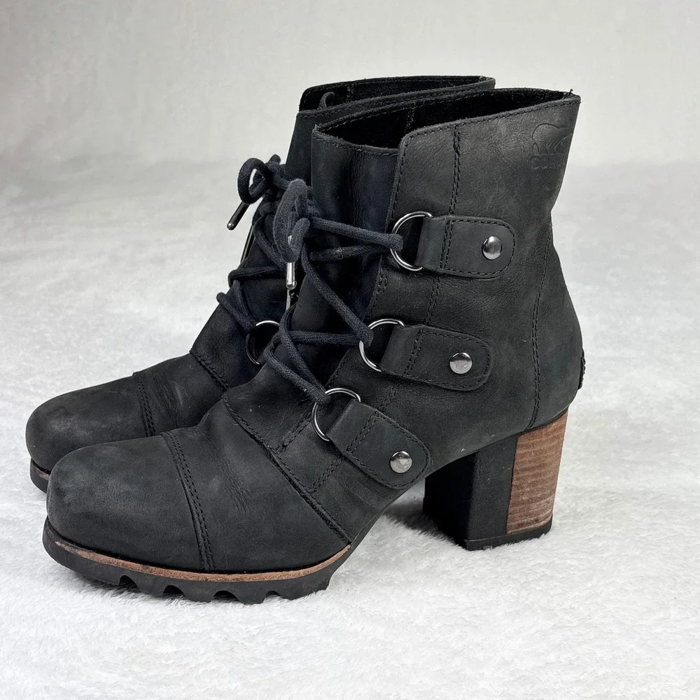 Sorel Addington Lace Black Leather‎ Ankle Boots NL2360-010 Womens 8 Waterproof